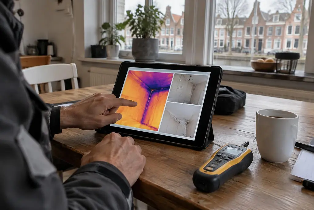 Lekdetectie Hoorn – lekdetectierapport met warmtebeelden en foto's op een tablet