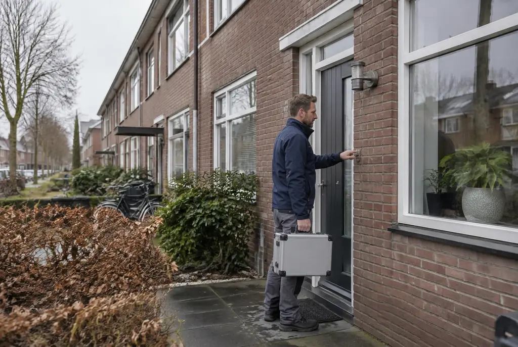 Lekdetectiespecialist met meetkoffer bij de voordeur van een woning in Hoorn